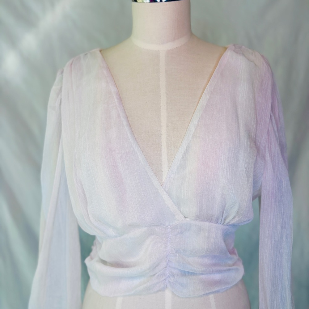 Pastel Opalescent Sheer balloon sleeve plunge Neckline Blouse S‎